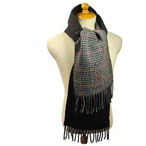Polo Ralph Lauren 80s Fringed Wool Scarf 10x64 Houndstooth Plaid 2-Sided Gray